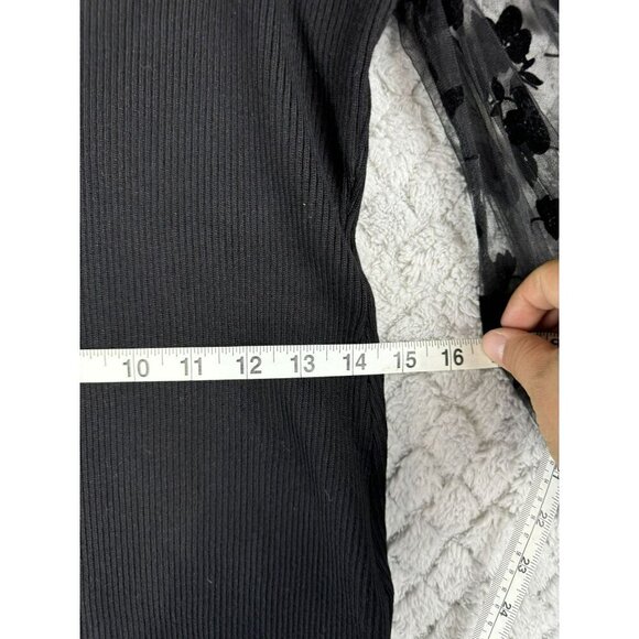 Almost Famous Black Dress Stretch below Knee‎ Sheer Floral Sleeves Size M/L - Picture 9 of 12